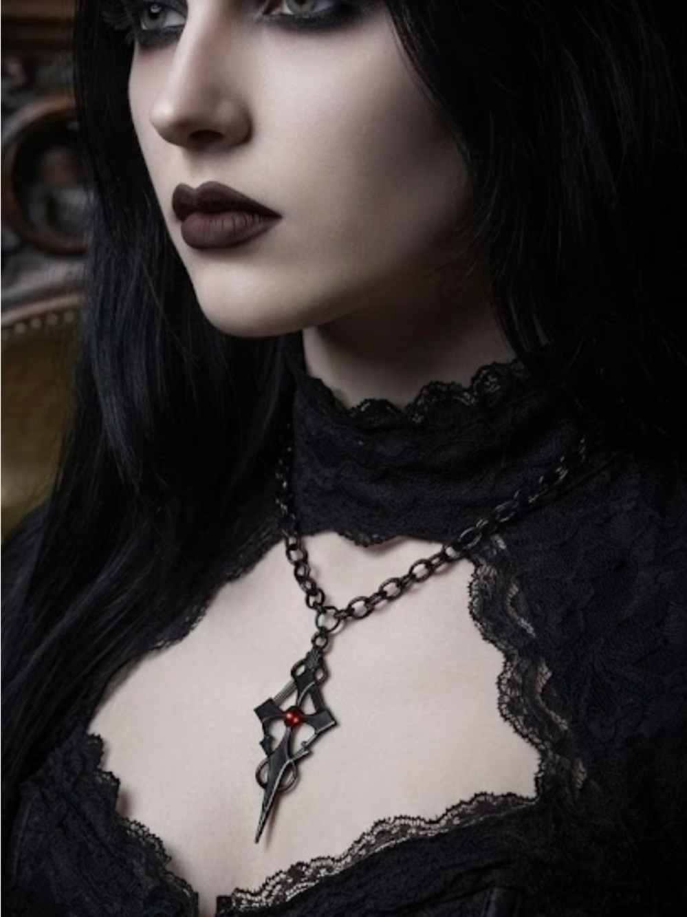 Hand Crafted Black Cross Pendant Necklace with Red Accent